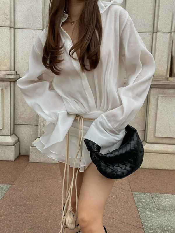 New ruffled white V-neck shirt dress hot girl skirt - Stormyjay