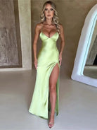 Women's suspender V-neck satin slit sexy backless long dress - Stormyjay