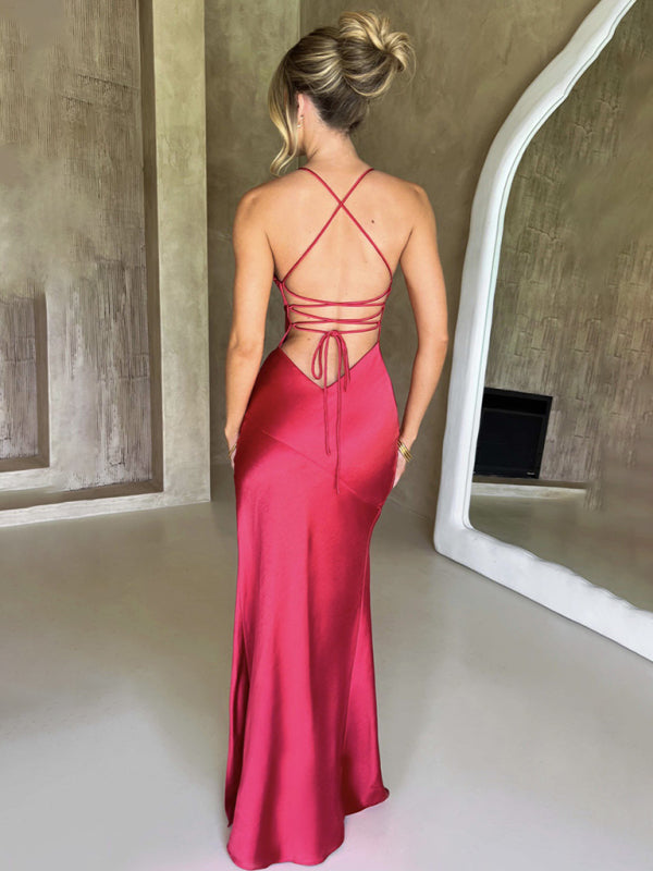 Women's suspender V-neck satin slit sexy backless long dress - Stormyjay