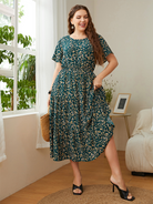 Plus size women's casual round neck printed waist dress - Stormyjay