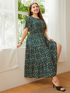 Plus size women's casual round neck printed waist dress - Stormyjay