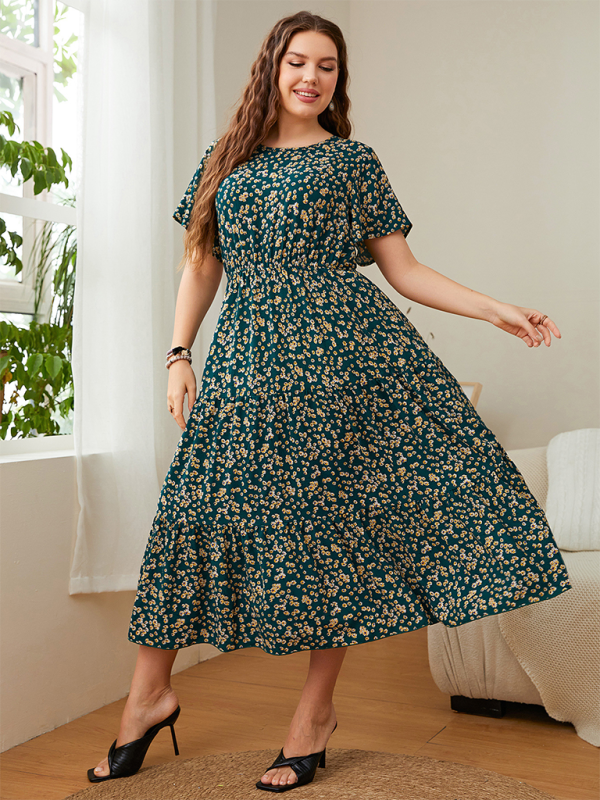 Plus size women's casual round neck printed waist dress - Stormyjay