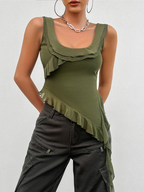 Women's casual solid color sleeveless U-neck mesh top - Stormyjay