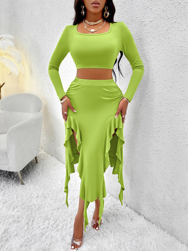 Women's Solid Color Round Neck Long Sleeve Top Ruffled Skirt Suit - Stormyjay