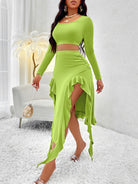 Women's Solid Color Round Neck Long Sleeve Top Ruffled Skirt Suit - Stormyjay