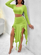 Women's Solid Color Round Neck Long Sleeve Top Ruffled Skirt Suit - Stormyjay