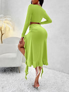 Women's Solid Color Round Neck Long Sleeve Top Ruffled Skirt Suit - Stormyjay