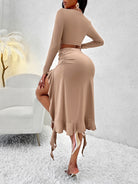 Women's Solid Color Round Neck Long Sleeve Top Ruffled Skirt Suit - Stormyjay