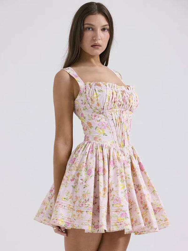 New sexy and elegant floral print suspender waist dress - Stormyjay