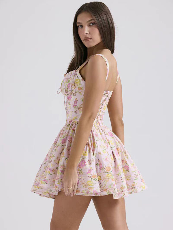 New sexy and elegant floral print suspender waist dress - Stormyjay