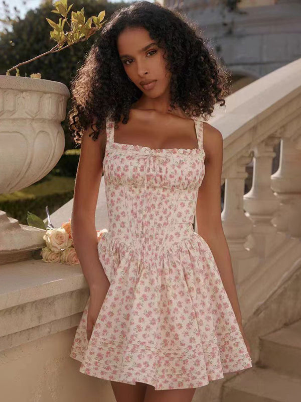 New sexy and elegant floral print suspender waist dress - Stormyjay