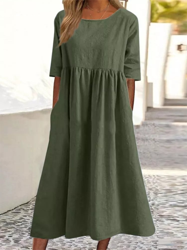 New round neck 5-quarter sleeves large size casual loose long solid color dress - Stormyjay