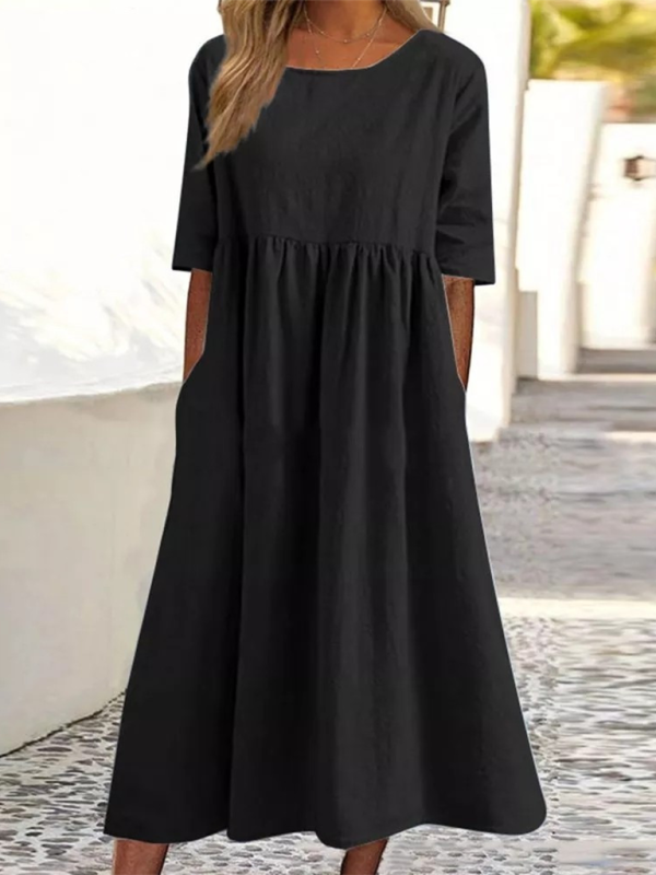 New round neck 5-quarter sleeves large size casual loose long solid color dress - Stormyjay