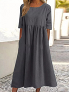 New round neck 5-quarter sleeves large size casual loose long solid color dress - Stormyjay