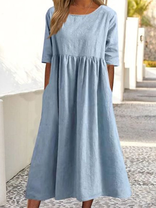 New round neck 5-quarter sleeves large size casual loose long solid color dress - Stormyjay