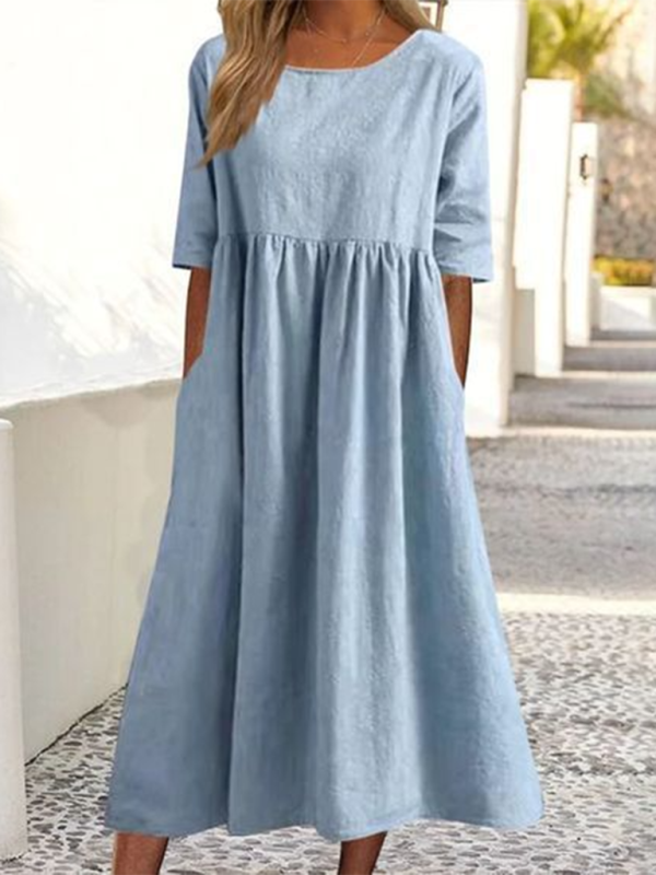 New round neck 5-quarter sleeves large size casual loose long solid color dress - Stormyjay