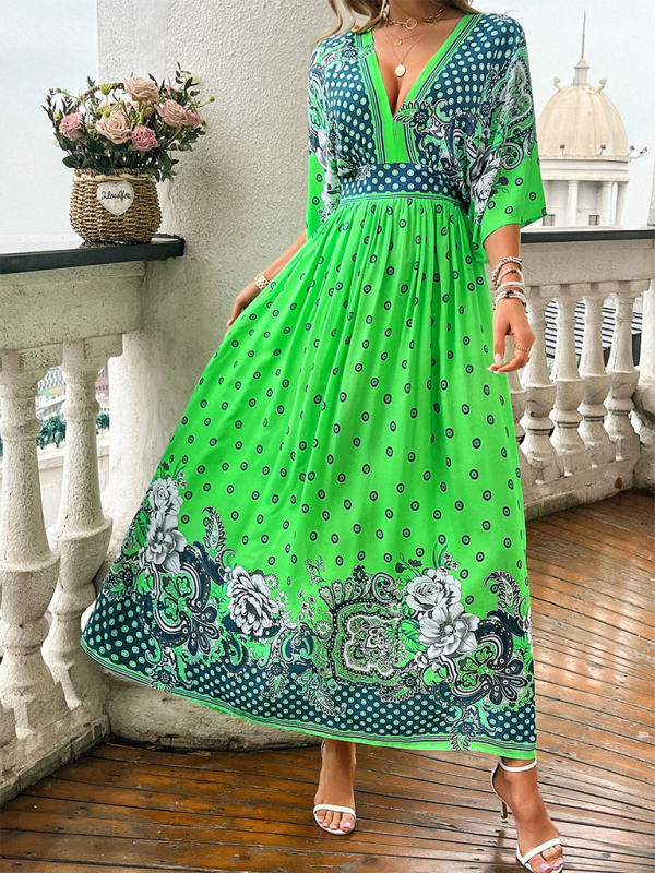 Spring and summer casual holiday printed V-neck long skirt - Stormyjay