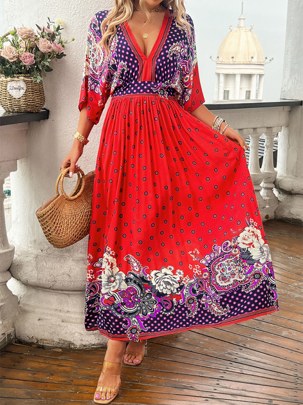 Spring and summer casual holiday printed V-neck long skirt - Stormyjay