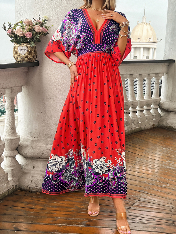 Spring and summer casual holiday printed V-neck long skirt - Stormyjay