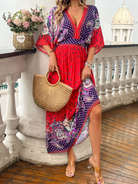 Spring and summer casual holiday printed V-neck long skirt - Stormyjay