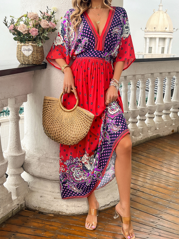 Spring and summer casual holiday printed V-neck long skirt - Stormyjay