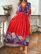 Spring and summer casual holiday printed V-neck long skirt - Stormyjay