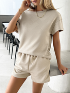 Summer solid color knitted crew neck top and shorts casual two-piece set - Stormyjay