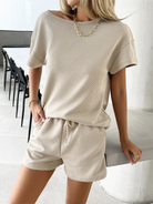 Summer solid color knitted crew neck top and shorts casual two-piece set - Stormyjay