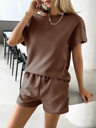 Summer solid color knitted crew neck top and shorts casual two-piece set - Stormyjay