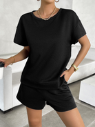 Summer solid color knitted crew neck top and shorts casual two-piece set - Stormyjay