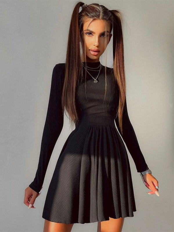 Hot Girl Solid Color Round Neck Hollow Back A-Line Skirt Long Sleeve Dress - Stormyjay