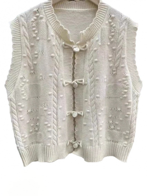 Three-dimensional buckle design lace collar knitted vest loose soft waxy layered top vest - Stormyjay