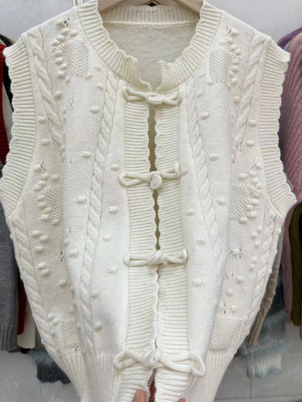 Three-dimensional buckle design lace collar knitted vest loose soft waxy layered top vest - Stormyjay