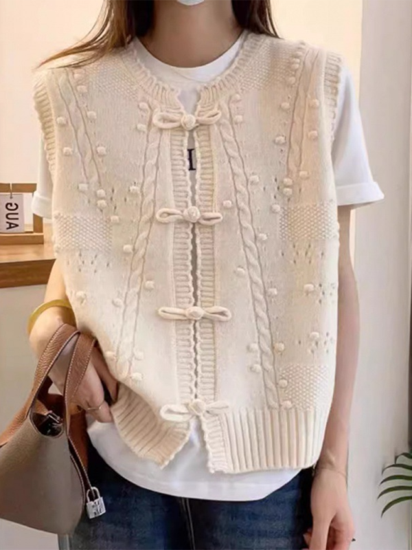 Three-dimensional buckle design lace collar knitted vest loose soft waxy layered top vest - Stormyjay