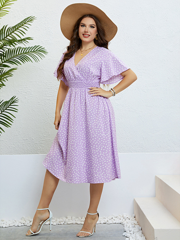 Plus size summer V-neck purple loose dress - Stormyjay