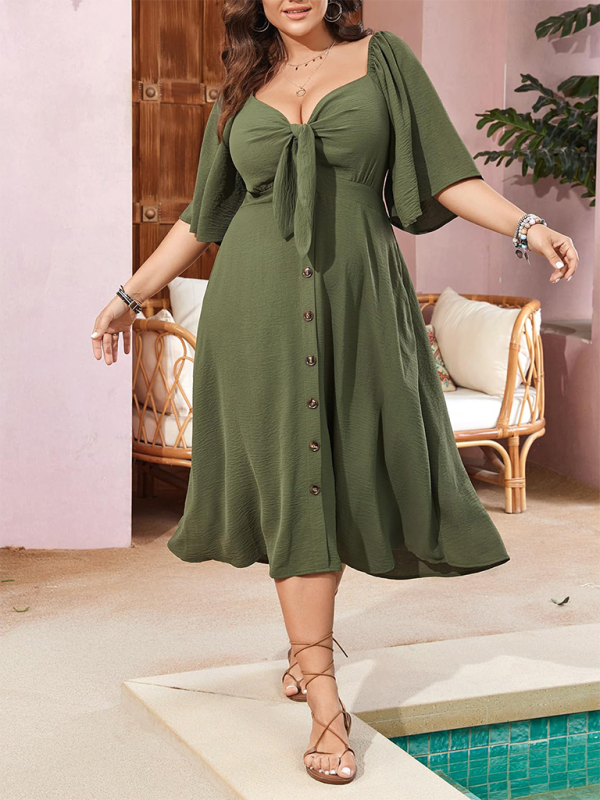 Plus size bow V-neck short-sleeved dress - Stormyjay