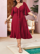 Plus size bow V-neck short-sleeved dress - Stormyjay