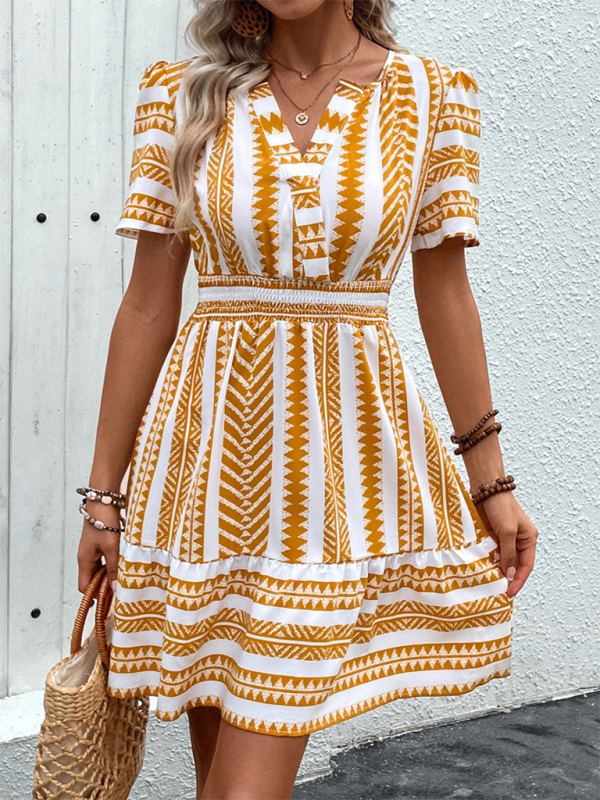 Women's V Neck Bohemian V Neck Short Sleeve Printed Dress - Stormyjay