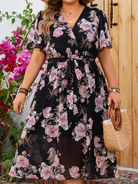 Plus size women's V-neck fluttering sleeves waisted floral floral dress - Stormyjay