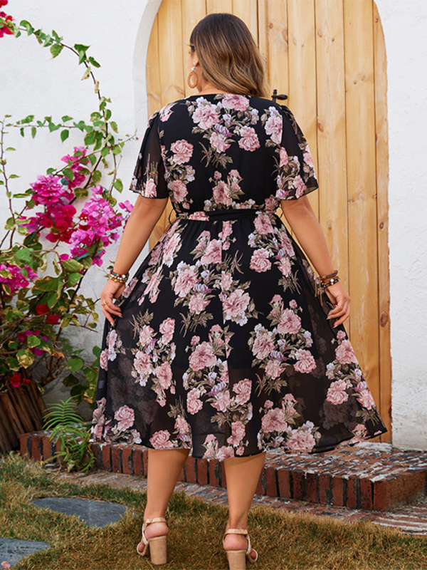 Plus size women's V-neck fluttering sleeves waisted floral floral dress - Stormyjay