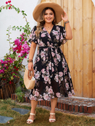 Plus size women's V-neck fluttering sleeves waisted floral floral dress - Stormyjay