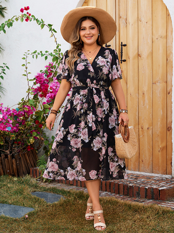 Plus size women's V-neck fluttering sleeves waisted floral floral dress - Stormyjay