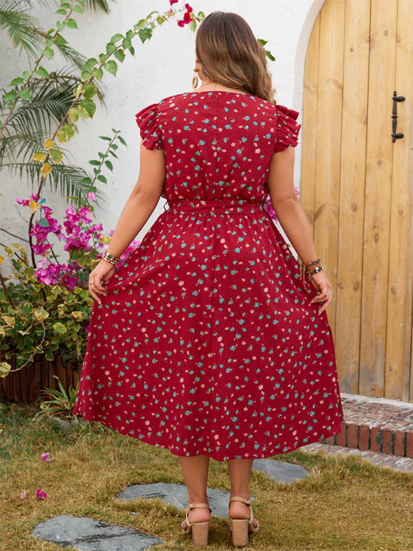 Plus size women's red printed sleeveless lace short-sleeved dress - Stormyjay