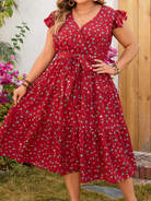 Plus size women's red printed sleeveless lace short-sleeved dress - Stormyjay