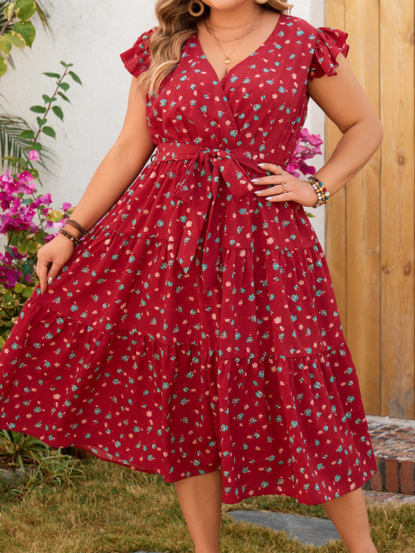 Plus size women's red printed sleeveless lace short-sleeved dress - Stormyjay