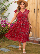 Plus size women's red printed sleeveless lace short-sleeved dress - Stormyjay