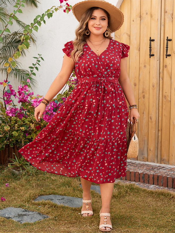 Plus size women's red printed sleeveless lace short-sleeved dress - Stormyjay