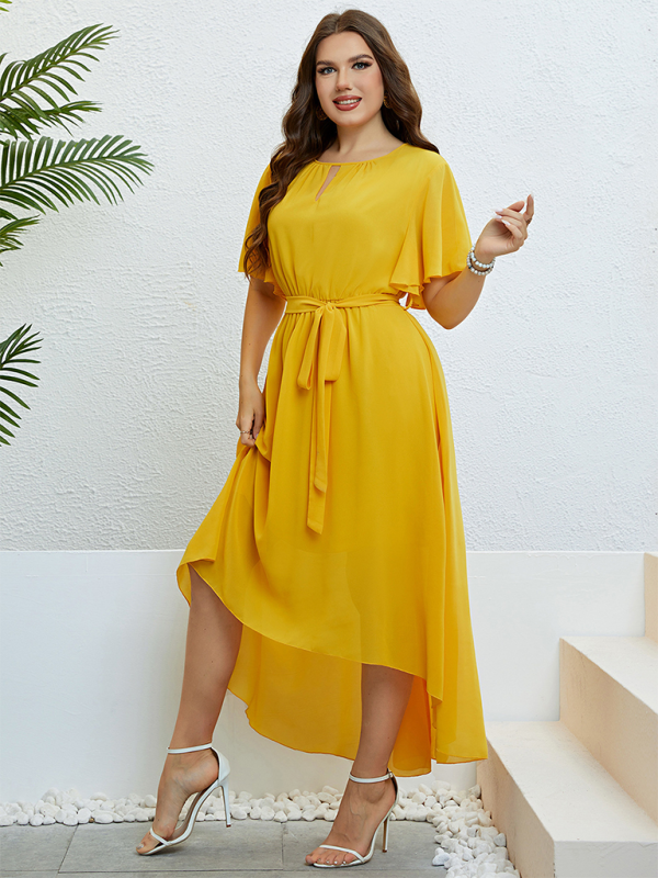 Plus size women's yellow V-neck strappy waist dress - Stormyjay