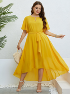 Plus size women's yellow V-neck strappy waist dress - Stormyjay