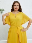 Plus size women's yellow V-neck strappy waist dress - Stormyjay